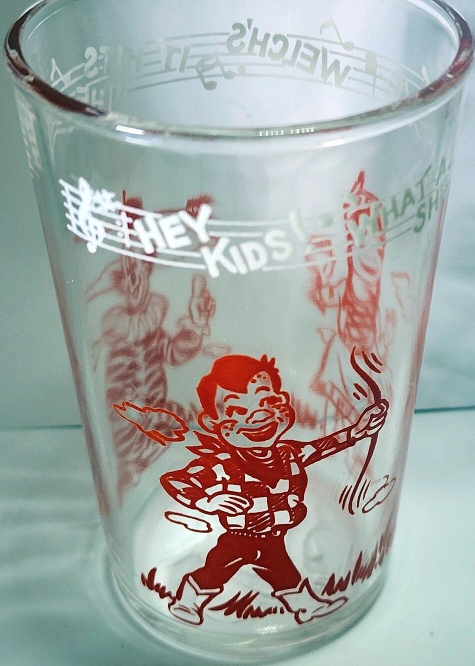 1953 Howdy Doody Welch's Hey Kids What a Shot Jelly Glass Clear / Red Graphics